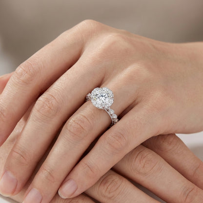 Vintage Floral Halo Engagement Ring - 3.0ct Cushion/Round Cut Simulated Diamond in S925 Sterling Silver - Romantic Sunflower Wedding Band for Women