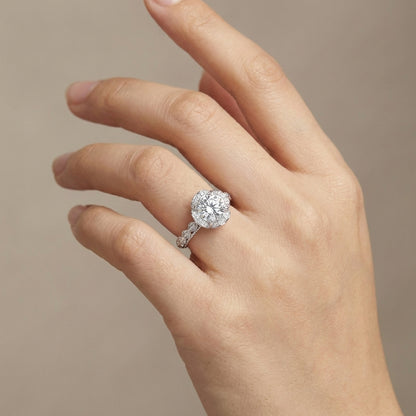 Vintage Floral Halo Engagement Ring - 3.0ct Cushion/Round Cut Simulated Diamond in S925 Sterling Silver - Romantic Sunflower Wedding Band for Women