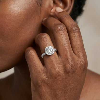 Vintage Floral Halo Engagement Ring - 3.0ct Cushion/Round Cut Simulated Diamond in S925 Sterling Silver - Romantic Sunflower Wedding Band for Women