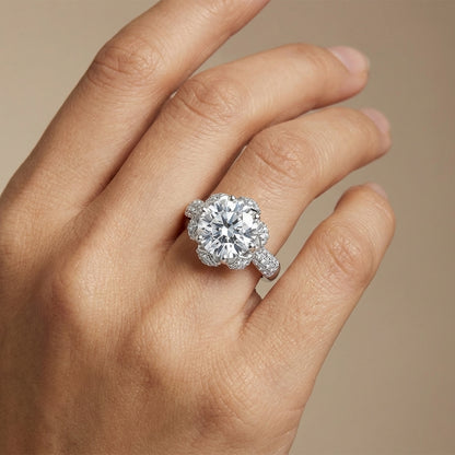 Radiant Blossom Round Cut Simulated Diamond Engagement Ring - S925 Sterling Silver with 18K White Gold Vermeil