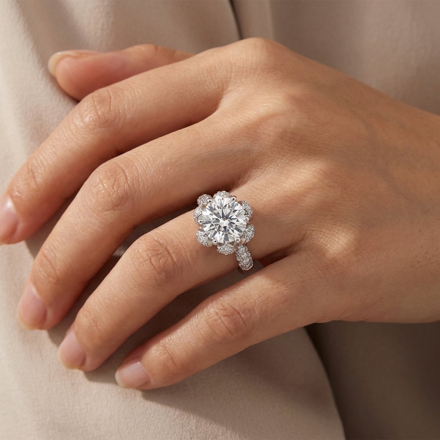 Radiant Blossom Round Cut Simulated Diamond Engagement Ring - S925 Sterling Silver with 18K White Gold Vermeil