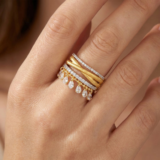 Vintage Multilayer Tassel Ring for Women, S925 Sterling Silver 18K Gold Plated, Pear Cut Simulated Diamond Statement Ring, Dainty Teardrop Charm Band