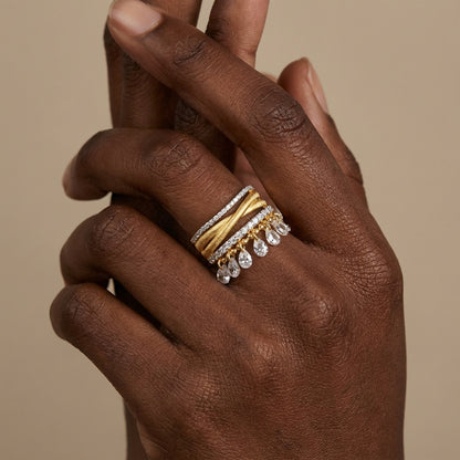 Vintage Multilayer Tassel Ring for Women, S925 Sterling Silver 18K Gold Plated, Pear Cut Simulated Diamond Statement Ring, Dainty Teardrop Charm Band