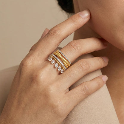 Vintage Multilayer Tassel Ring for Women, S925 Sterling Silver 18K Gold Plated, Pear Cut Simulated Diamond Statement Ring, Dainty Teardrop Charm Band