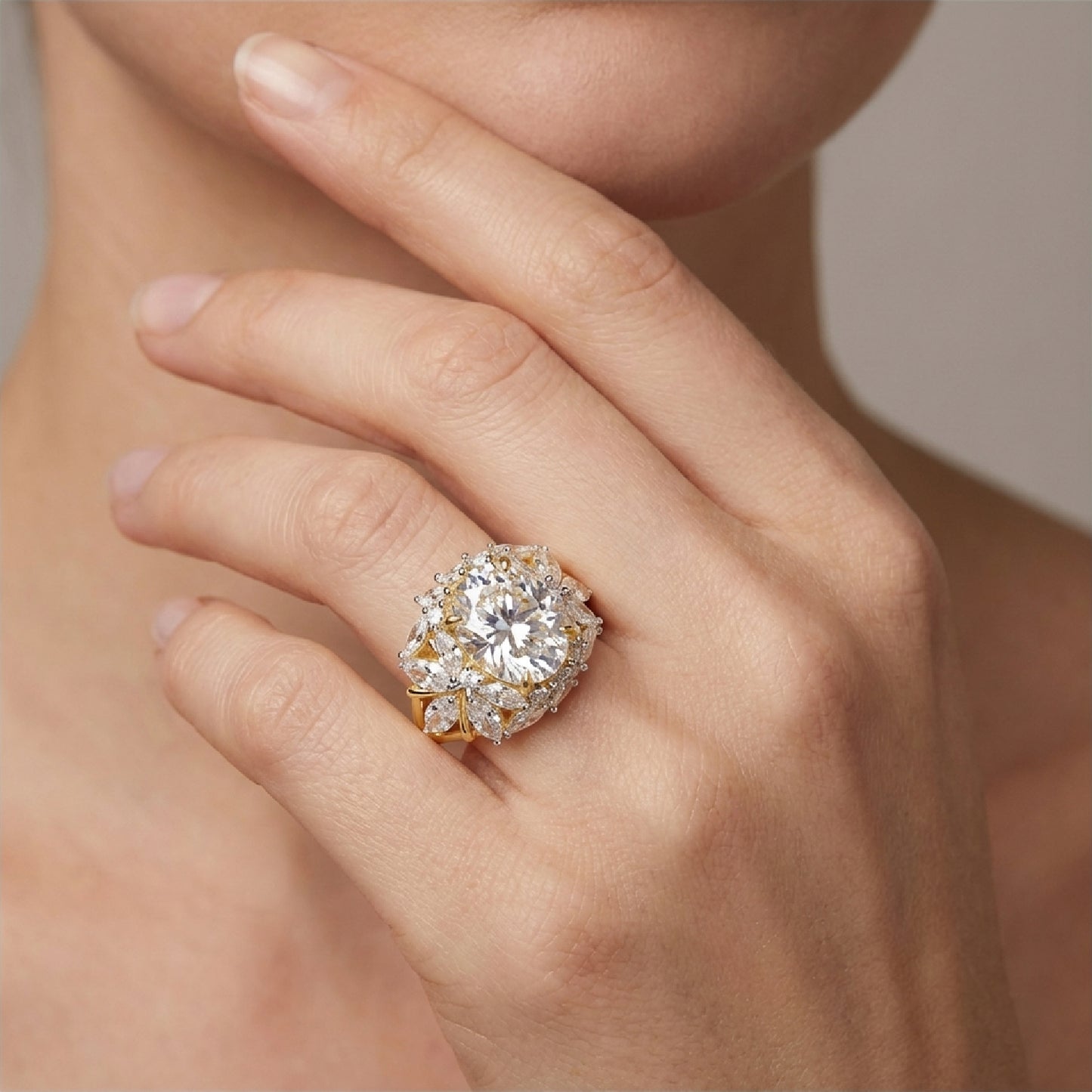 14K Plated Exquisite 12-Carat Oval Cut Simulated Diamond Ring – Floral Butterfly Halo in S925 Silver