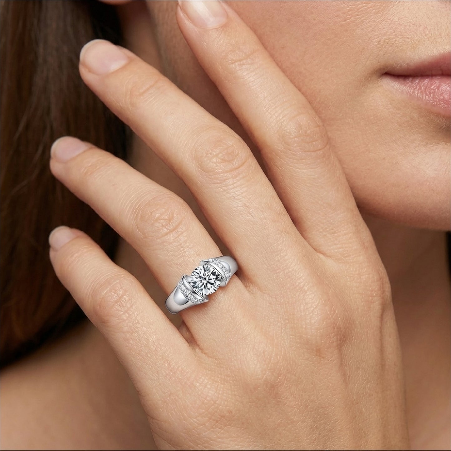 Modern Tension-Set Simulated Diamond Engagement Ring - Round Cut Floating Solitaire with Pavé Accents - Ideal Travel Ring or Anniversary Gift