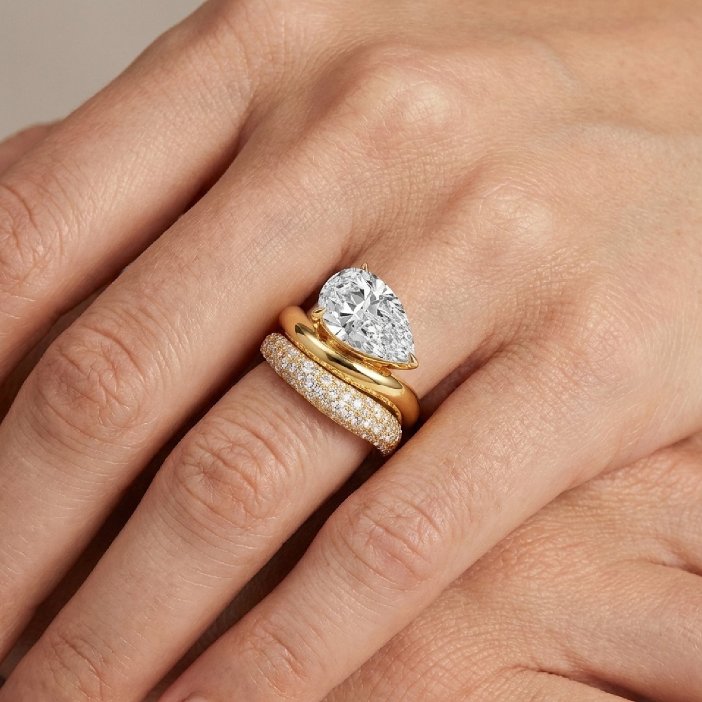 Pear Cut Simulated Diamond Engagement Ring Set for Women, 925 Sterling Silver 18K Gold Plated Wave Band Bridal Sets, Teardrop Pave Statement Ring