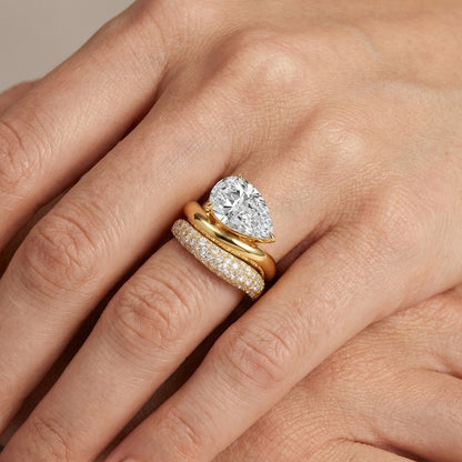 Pear Cut Simulated Diamond Engagement Ring Set for Women, 925 Sterling Silver 18K Gold Plated Wave Band Bridal Sets, Teardrop Pave Statement Ring