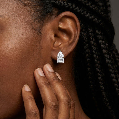 Toi et Moi Moissanite Stud Earrings - Heart & Emerald Cut - S925 Sterling Silver - Romantic Gift for Her