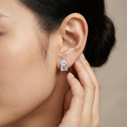 Toi et Moi Moissanite Stud Earrings - Heart & Emerald Cut - S925 Sterling Silver - Romantic Gift for Her