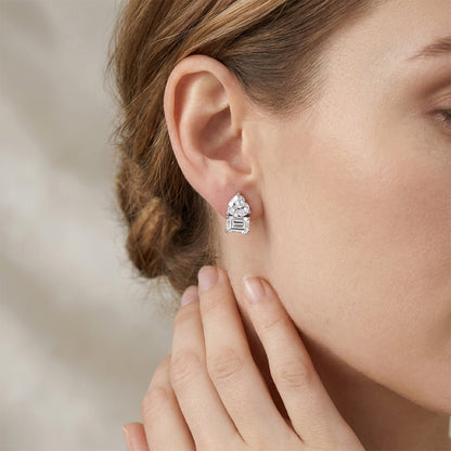 Toi et Moi Moissanite Stud Earrings - Heart & Emerald Cut - S925 Sterling Silver - Romantic Gift for Her