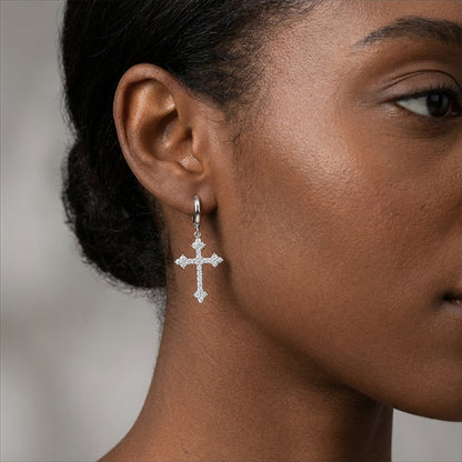 S925 Sterling Silver Moissanite Cross Dangle Hoop Earrings - VVS1 Lab Grown Diamond Alternative Cross Earrings for Women