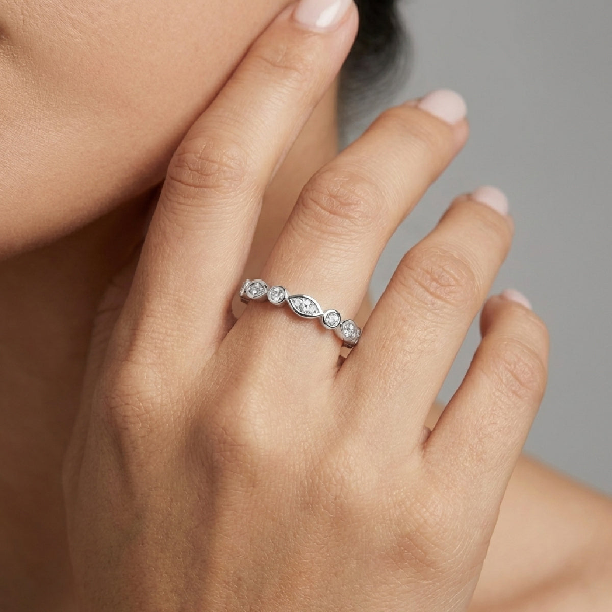 The "Timeless Flow" Bezel Set Moissanite Ring - S925 Sterling Silver Alternating Pear & Round Eternity Band