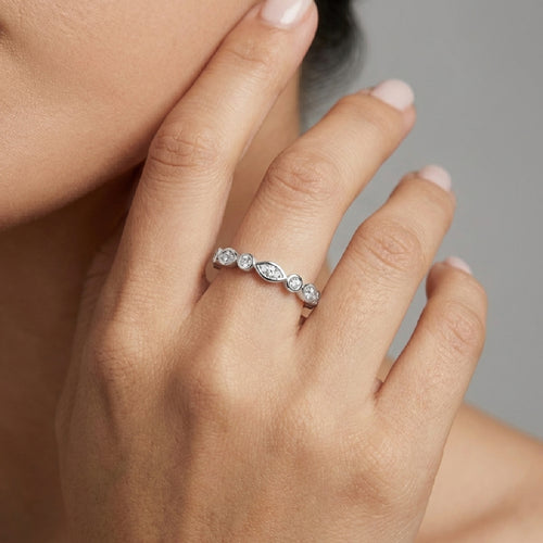 The "Timeless Flow" Bezel Set Moissanite Ring - S925 Sterling Silver Alternating Pear & Round Eternity Band