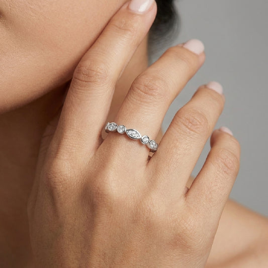 The "Timeless Flow" Bezel Set Moissanite Ring - S925 Sterling Silver Alternating Pear & Round Eternity Band