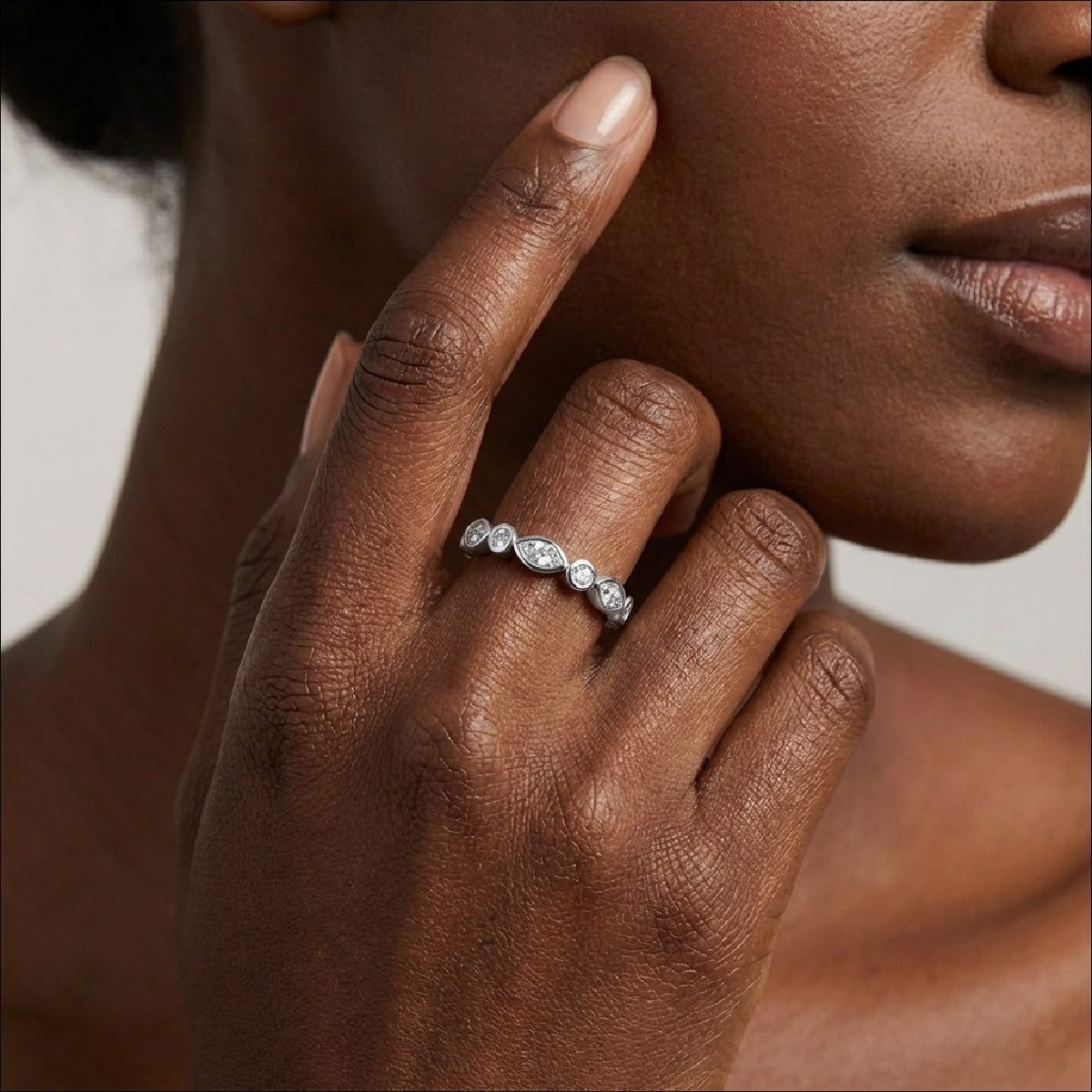 The "Timeless Flow" Bezel Set Moissanite Ring - S925 Sterling Silver Alternating Pear & Round Eternity Band