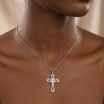 Dainty Floral Moissanite Cross Pendant Necklace in 925 Sterling Silver - Brilliant D Color VVS1