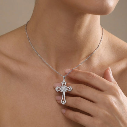 Dainty Floral Moissanite Cross Pendant Necklace in 925 Sterling Silver - Brilliant D Color VVS1