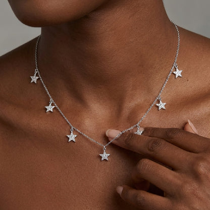 S925 Sterling Silver Moissanite Star Station Necklace - Dainty Starry Charm Choker for Women