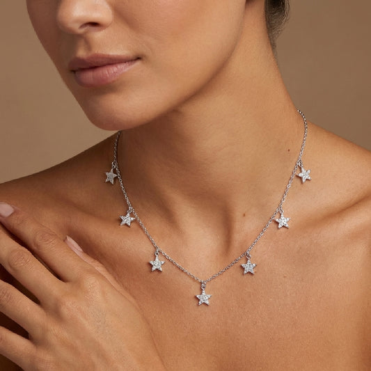S925 Sterling Silver Moissanite Star Station Necklace - Dainty Starry Charm Choker for Women