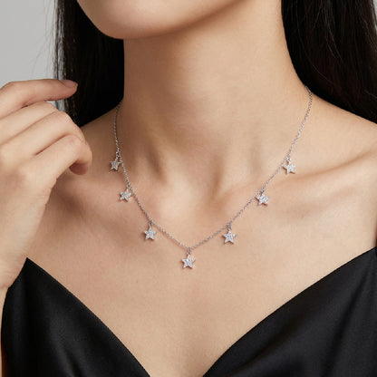S925 Sterling Silver Moissanite Star Station Necklace - Dainty Starry Charm Choker for Women